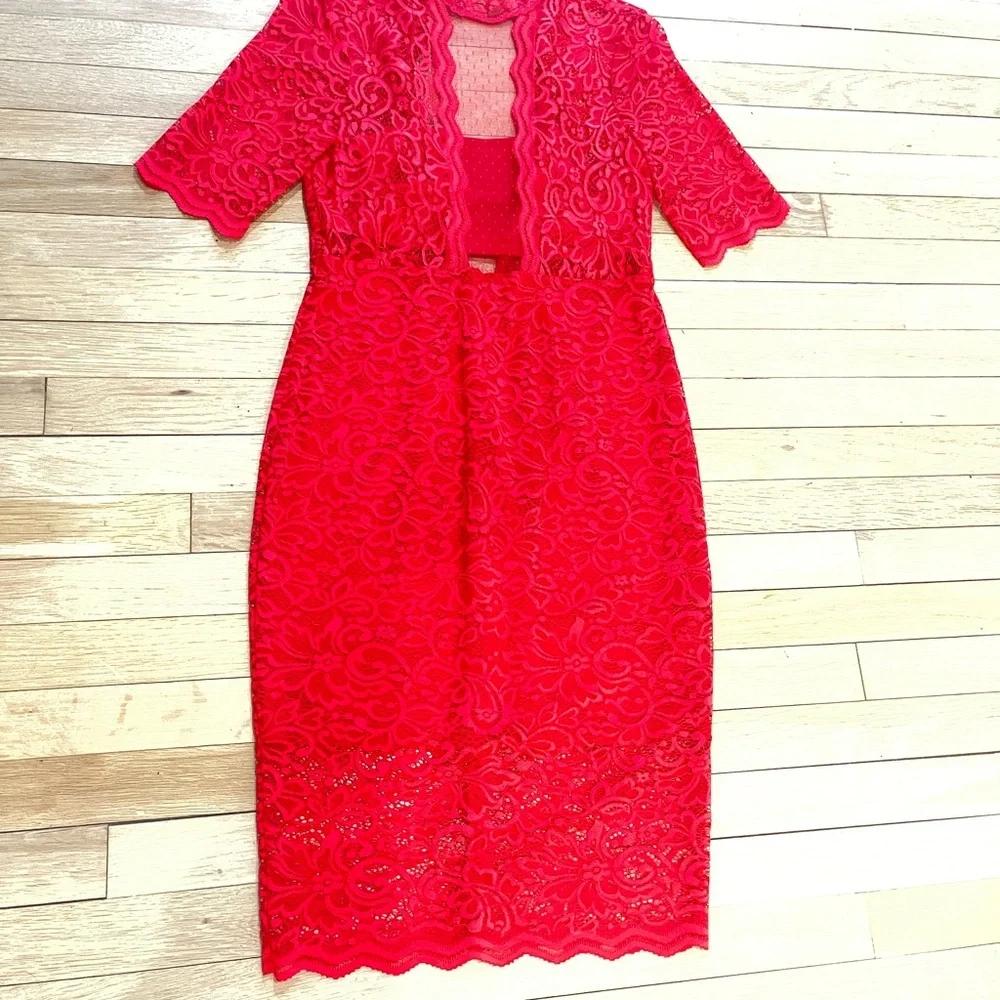 Express Red Midi Sheath Dress with 3/4 Sleeves and V-Neck for Cocktail - Picture 2 of 3